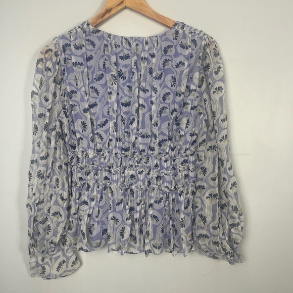 Rebecca Taylor Floral Silk Blouse Chiffon Peplum Bell Sleeve Size 2 Coquette - Picture 9 of 12